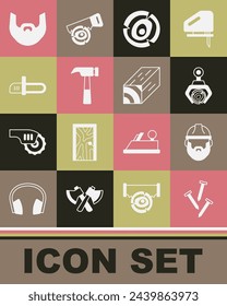 Set Metallic nails, Lumberjack, Grapple crane grabbed log, Wooden logs, Hammer, Chainsaw, Mustache and beard and beam icon. Vector