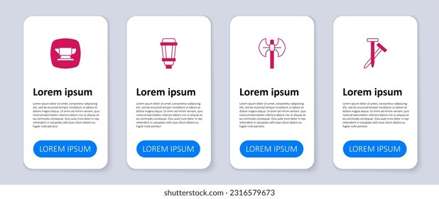 Ponemos uñas metálicas, poleaxia medieval, lámpara de luz de jardín y herramienta de yunque de herrero. Plantilla de infografía empresarial. Vector