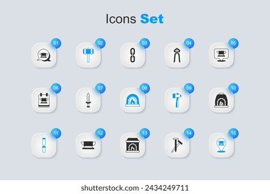 Juego de clavos metálicos, espada medieval, martillo, archivo de metal Rasp, herramienta de yunque de herrero, horno e icono. Vector