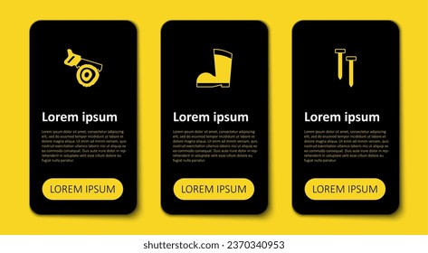 Set Metallic nails, Waterproof rubber boot and Hand saw and log. Business infographic template. Vector