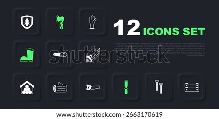 Set Metallic nails, Wooden box, Chainsaw, Chisel tool, Waterproof rubber boot, log, axe and Hand icon. Vector