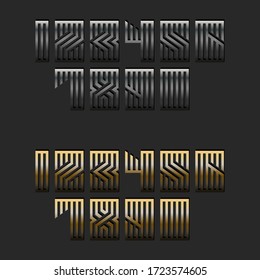 Set of metallic numbers monogram for modern trendy typography, linear calligraphy mathematics symbols, numbers linear shape from parallel silver and gold lines.