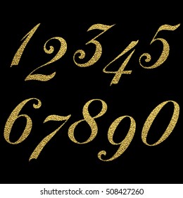 Set of metallic numbers. Vector golden numbers. Gold figures. One. Two. Three. Four. Five Six Seven Eight Nine Zero