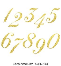 Set of metallic numbers. Vector golden numbers. Gold figures. One. Two. Three. Four. Five Six Seven Eight Nine Zero