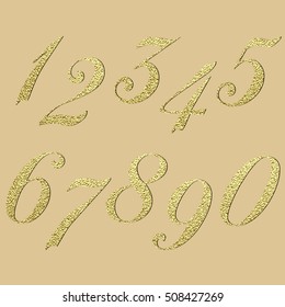 Set of metallic numbers. Vector golden numbers. Gold figures. One. Two. Three. Four. Five Six Seven Eight Nine Zero