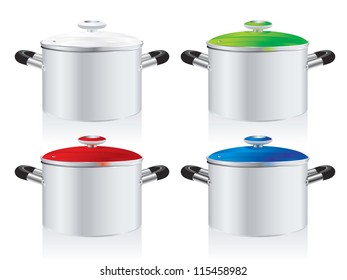 set of metallic pans, covered with color lid