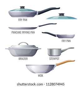 Set of metallic pans and kitchen utensils sketchy icons