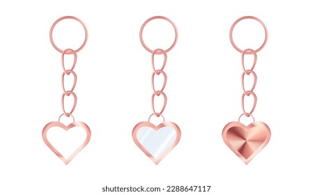 A set of metallic pink keychains in the shape of a heart. Chains made of stainless steel. Metal key holders isolated on white background. Realistic vector illustration.