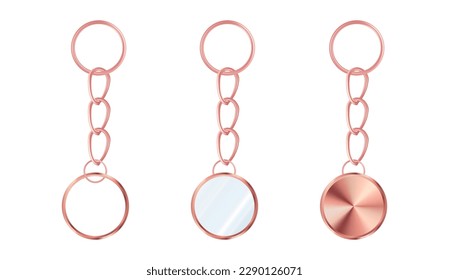 A set of metallic pink keychains in the shape of a circle Chains made of stainless steel. Metal key holders isolated on white background. Realistic vector illustration.