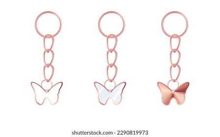 A set of metallic pink keychains in the shape of a butterfly Chains made of stainless steel. Metal key holders isolated on white background. Realistic vector illustration.