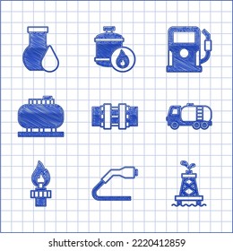 Set Metallic Pipes And Valve, Electrical Cable Plug Charging, Oil Rig, Tanker Truck, With Fire, Tank Storage, Petrol Gas Station And Petrol Test Tube Icon. Vector