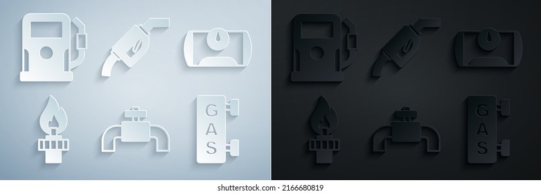 Set Metallic pipes and valve, Gas tank for vehicle, Oil rig with fire, filling station, Gasoline pump nozzle and Petrol gas icon. Vector