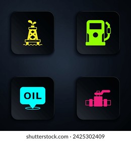 Set Metallic pipes and valve, Oil rig, Word oil and Petrol gas station. Black square button. Vector