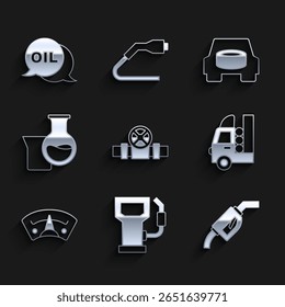 Definir tubos metálicos e válvula, Estação de gasolina ou de gás, Bocal da bomba de gasolina, tanque para veículo, Medidor de motor, Tubo de teste de gasolina de óleo, Roda de reposição do carro e ícone de óleo Word. Vetor