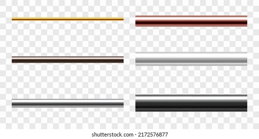 A set of metallic pipes of various diameters. Copper, cast iron, aluminium, stainless, brass or gold pipes isolated on transparent background. Realistic vector illustration.