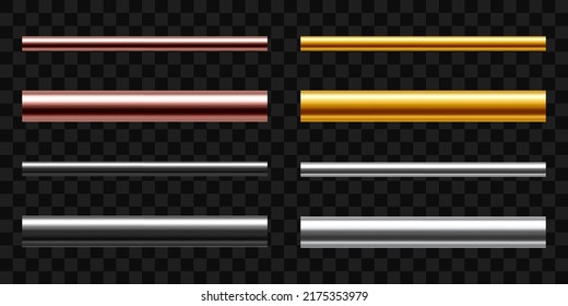 A set of metallic pipes of various diameters. Copper, steel, aluminium, stainless, brass or gold pipes isolated on transparent background. Realistic vector illustration.