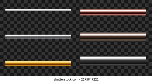 A set of metallic pipes of various diameters. Copper, steel,  cast iron, aluminium, stainless, brass or gold pipes isolated on transparent background. Realistic vector illustration.