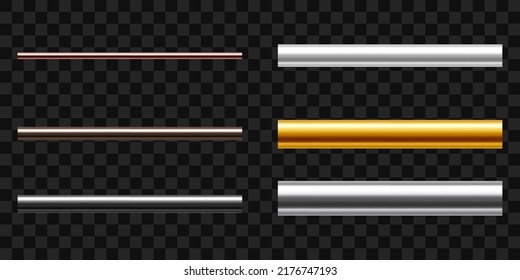 A set of metallic pipes of various diameters. Copper, steel,  cast iron, aluminium, stainless, brass or gold pipes isolated on transparent background. Realistic vector illustration.