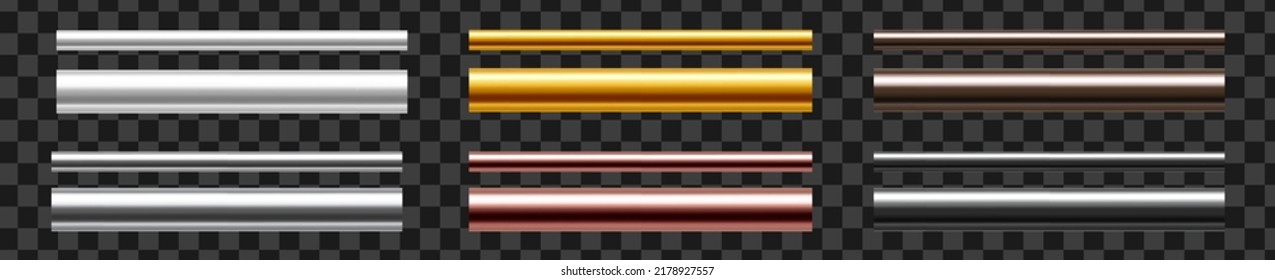 A set of metallic pipes of various diameters. Copper, steel,  cast iron, aluminium, stainless, brass or gold pipes isolated on transparent background. Realistic vector illustration.