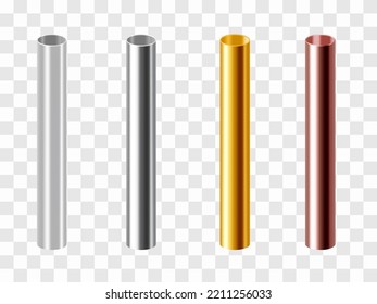 A set of metallic pipes of various diameters. Copper, steel,  aluminium, stainless, brass or gold pipes isolated on transparent background. Realistic vector illustration.