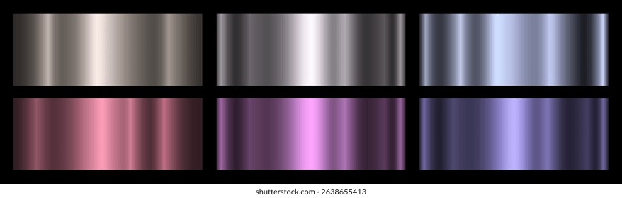 A set of metallic purple, blue and silver gradients on a black background. A collection of six metallic shades. Polished glossy abstract background. Vector illustration.