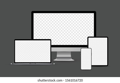 Conjunto de dispositivos electrónicos metálicos realistas: smartphone, tablet, laptop, computadora de escritorio con pantallas transparentes a cuadros en blanco.  Ilustración vectorial.