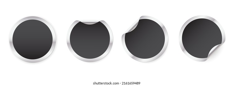 Conjunto de pegatinas metálicas redondeadas con un círculo negro. Plantilla de etiqueta de papel redondeada en blanco con esquinas curvadas. Ilustración vectorial realista.
