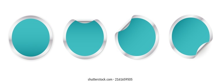 Conjunto de pegatinas metálicas redondas con un círculo azul. Plantilla de etiqueta de papel redondeada en blanco con esquinas curvadas. Ilustración vectorial realista.