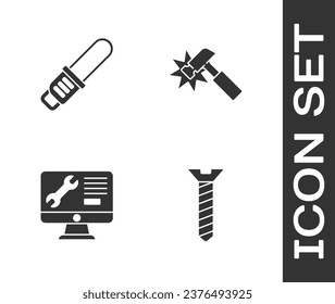 Set Metallic screw, Chainsaw, Computer monitor service and Hammer icon. Vector