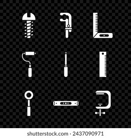Set Metallic screw, Clamp tool, Corner ruler, Wrench spanner, Construction bubble level, and, Paint roller brush and Screwdriver icon. Vector