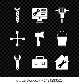 Set Metallic screw, Computer monitor service, Construction jackhammer, Adjustable wrench, Toolbox, House repair, Wheel and Wooden axe icon. Vector