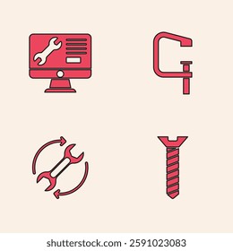 Set Metallic screw, Computer monitor service, Clamp and tool and Wrench arrows as workflow icon. Vector