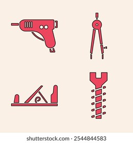 Set Metallschraube, Elektrische Heißklebepistole, Zeichnungskompass und Holz Ebene Werkzeug Symbol. Vektorgrafik