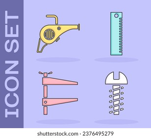 Ajuste el tornillo metálico, el soplador de jardín de hojas, la herramienta de la lámpara y el icono de la regla. Vector