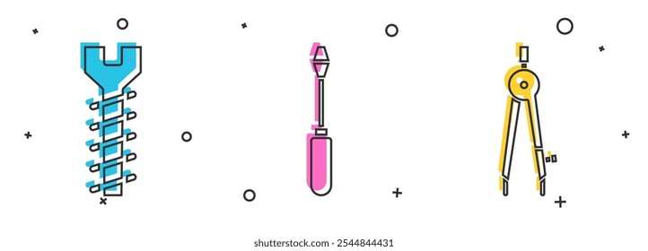 Definir parafuso metálico, chave de fenda e ícone de bússola de desenho. Vetor