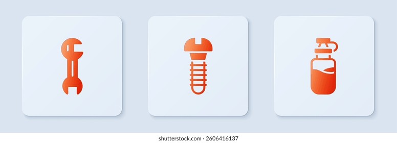 Set Metallic screw, Wrench spanner and Sport bottle with water. White square button. Vector