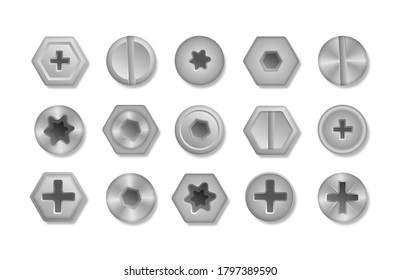 Set of metallic shiny screws and bolts to use in your designs. Collection of different heads of bolts, screws, nails, rivets. View from above. Decorative elements for your design. Vector illustration.