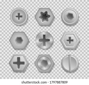 Set of metallic shiny screws and bolts to use in your designs. Collection of different heads of bolts, screws, nails, rivets. View from above. Decorative elements for your design. Vector illustration.