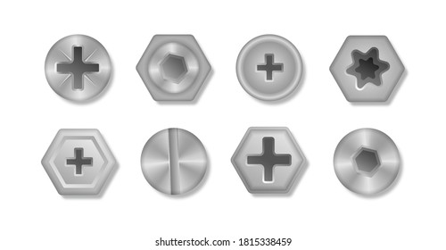 Set of metallic shiny screws and bolts to use in your designs. Collection of different heads of bolts, screws, nails, rivets. View from above. Decorative elements for your design. Vector illustration.