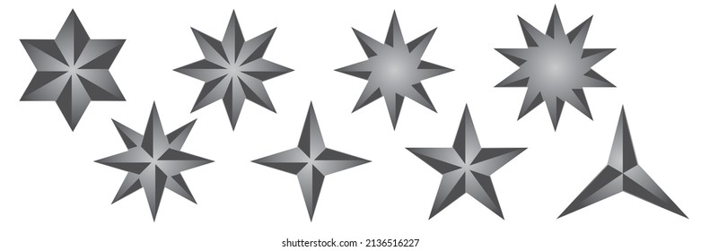 Conjunto de estrellas metálicas o plateadas 3D sobre fondo blanco - vector