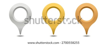 Set of metallic silver, gold, and bronze in gradient map pin icons 