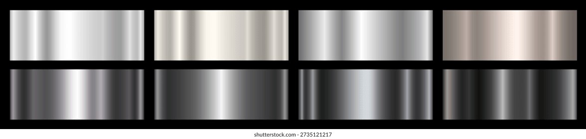 A set of metallic silver, platinum and black gradients. A collection of eight shades of silver. Polished glossy abstract background. Vector EPS 10.