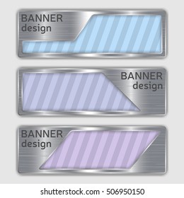 set of metallic textured banners. web banners with realistic steel texture in abstract forms. set of metallic geometric vector banners made in material design style. vector illustration.
