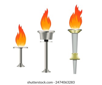 Set of metallic torches with brightly burning flames on white background. Vector illustration