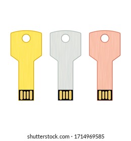 Set of metallic USB key flash drive, golden, silver and bronze. Empty template for corporate identity. Simple flat vector illustration isolated on white background 