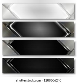 Set of metallic vector banners in black and white.