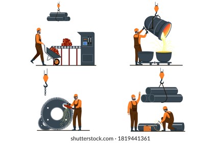 Set of Metallurgy Industry illustrations showing Metal Products, Smelting and production and manufacturing or Metalworking in a production plant or mine with workers, colored vector illustration