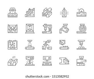 Set of Metallurgy Industry Line Icons. Conveyor, Mining Industry, Steel Pipes, Metallurgist, Robotic Manipulator Arm and more.