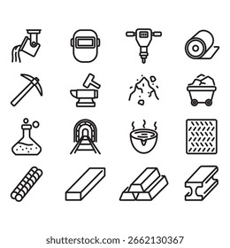 Conjunto de iconos de línea de metalurgia. Vectores de estilo de línea delgada. Contiene iconos como metal, procesamiento, minería y más.