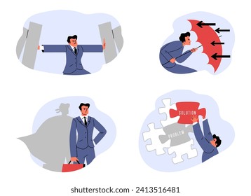 Set of metaphors with businessmen about crisis management flat style, vector illustration isolated on white background. Decorative design elements collection, superhero, puzzles and domino effect